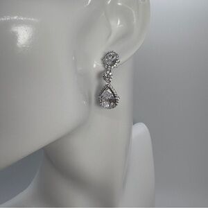Clear Cubic Zirconia Drop Bridal Silver Tone Earrings